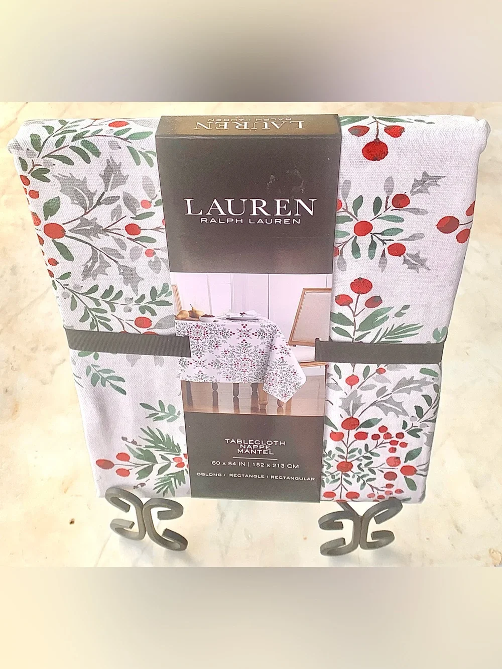 Lauren Ralph Lauren White Tablecloth with Red Berries Green Foliage NEW  60 X 84